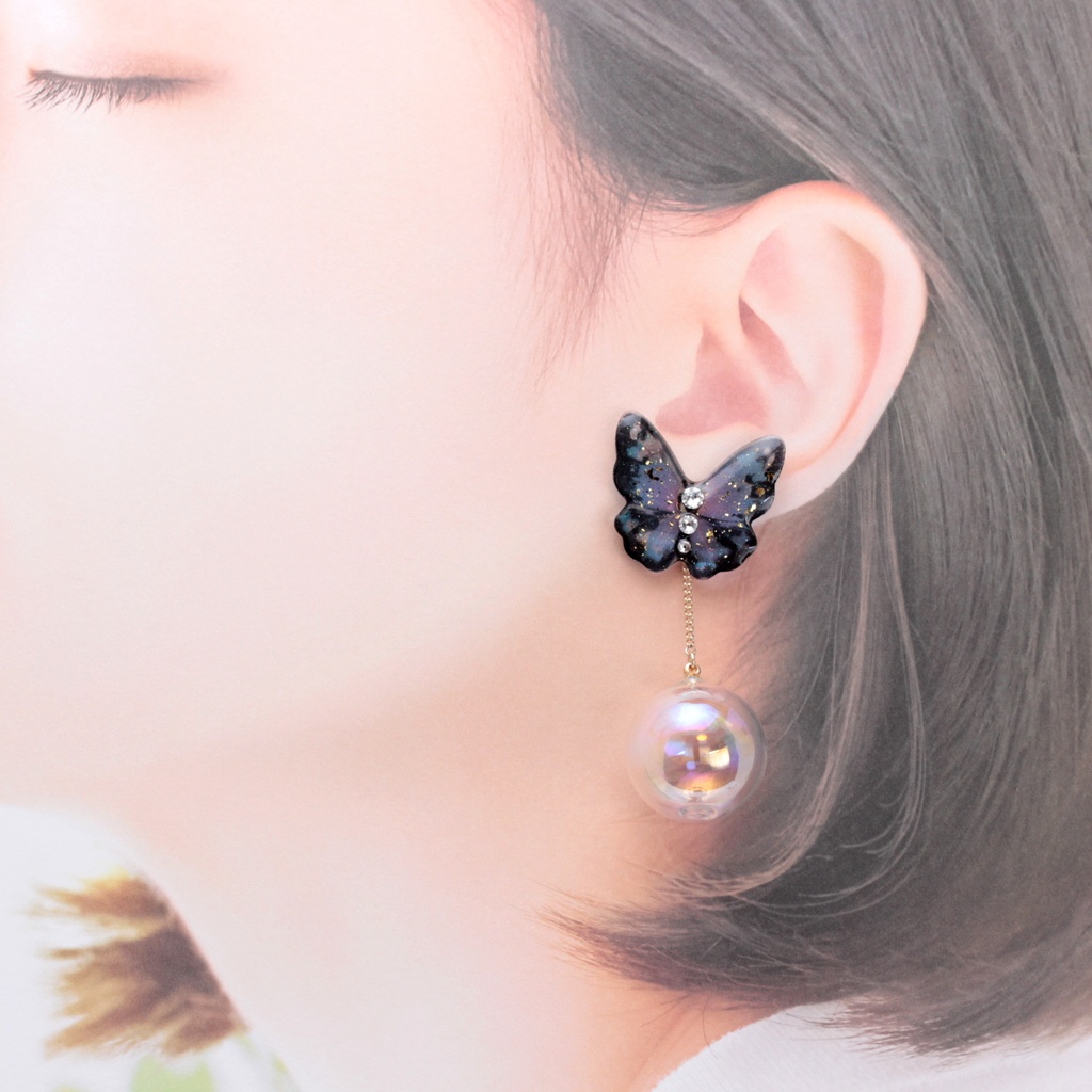 紫蝶と揺れるしゃぼん玉(580) ピアス/ノンホールピアス/樹脂ピアス
