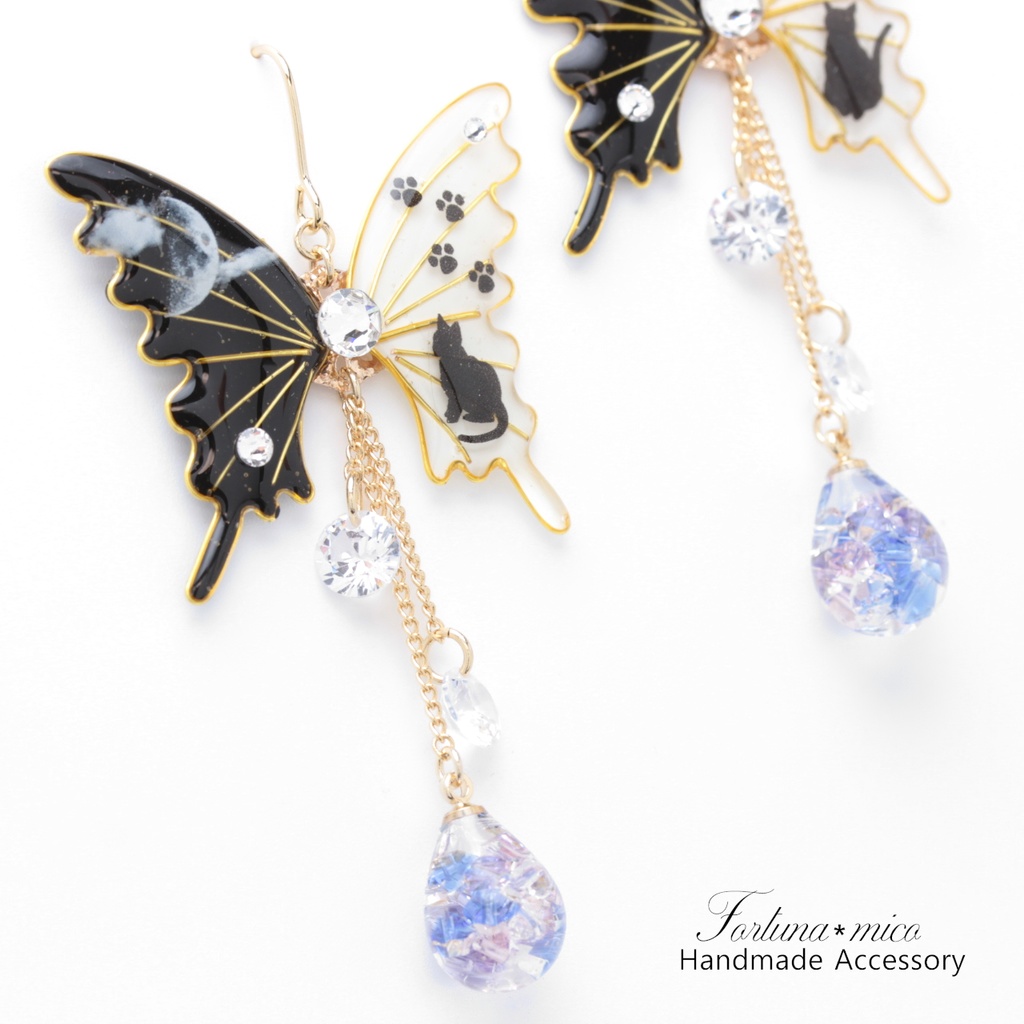 胡蝶~Moon&Cat~(c29) ピアス/イヤリング/ノンホールピアス/樹脂ピアス