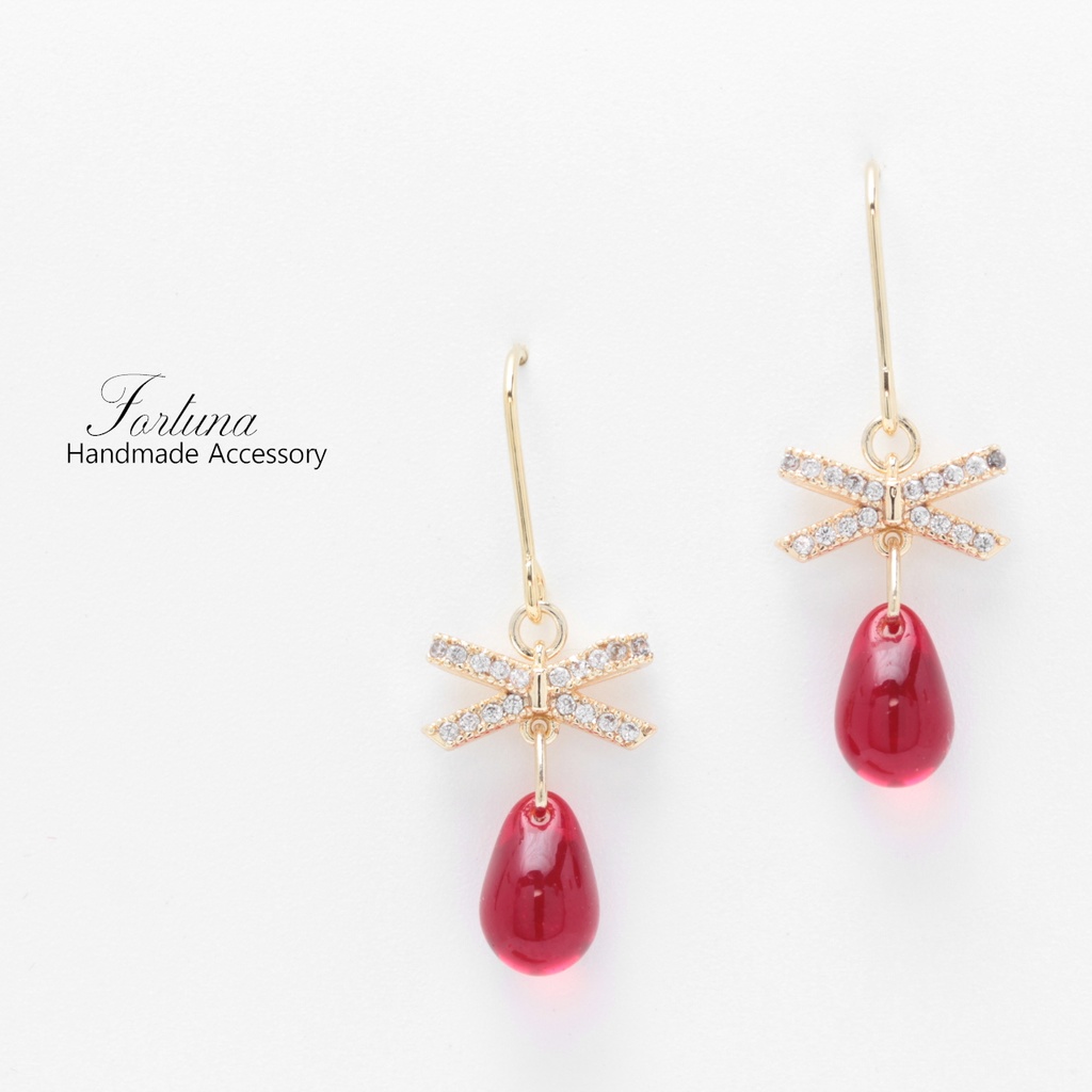 Ribbon Drop~赤~(a928) ピアス/イヤリング/ノンホールピアス/樹脂ピアス