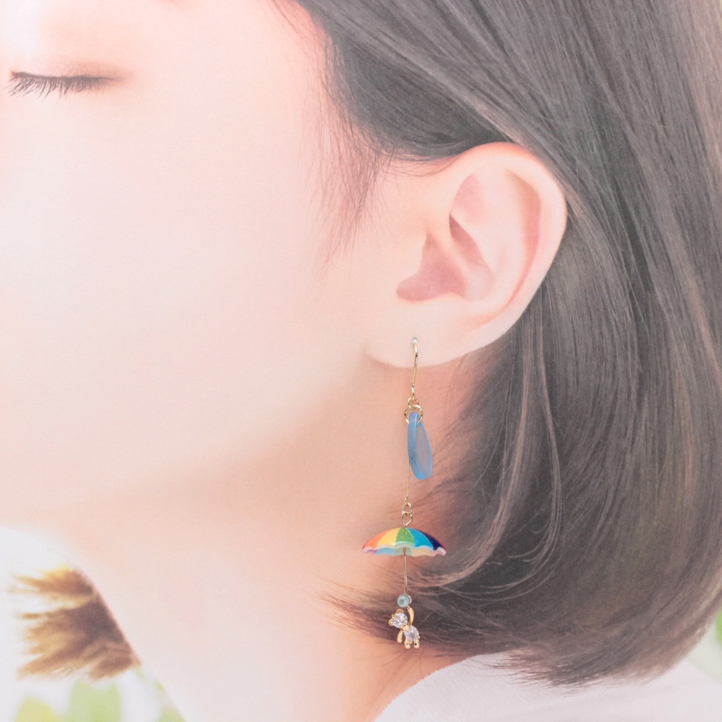 傘とくま~Rainbow~(1234) ピアス/イヤリング/ノンホールピアス/樹脂ピアス