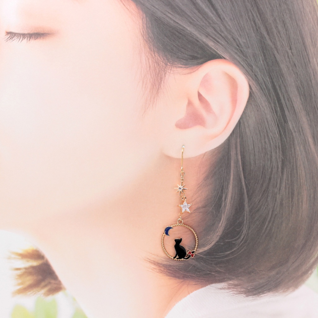 星空を眺める猫(1242) ピアス/イヤリング/ノンホールピアス/樹脂ピアス
