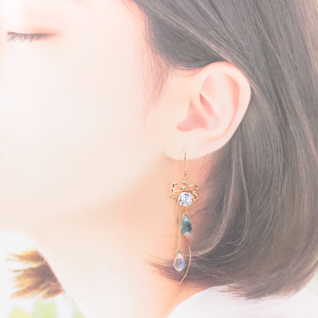 きらきらりぼんと揺れる雫(1252) ピアス/イヤリング/ノンホールピアス/樹脂ピアス