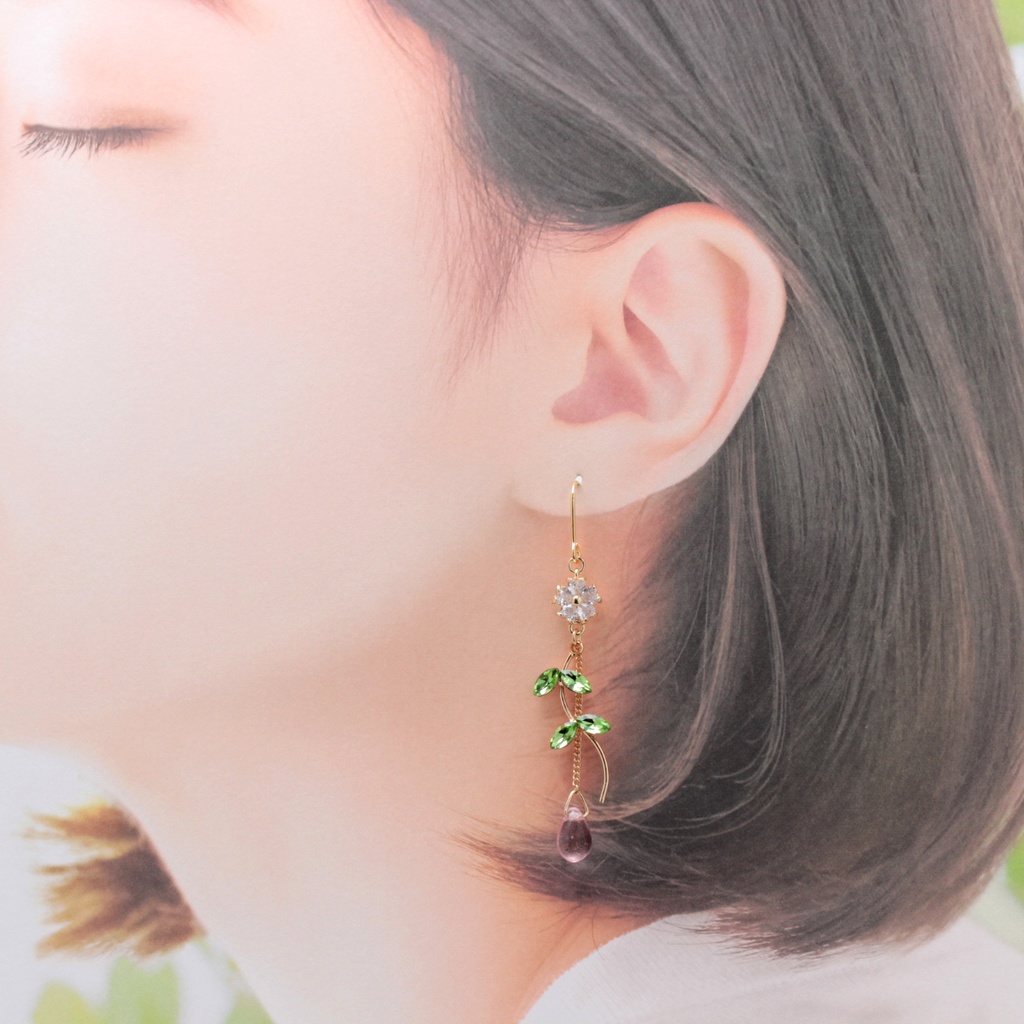 Crystal Flower & Pink Drop(1276) ピアス/イヤリング/ノンホールピアス/樹脂ピアス