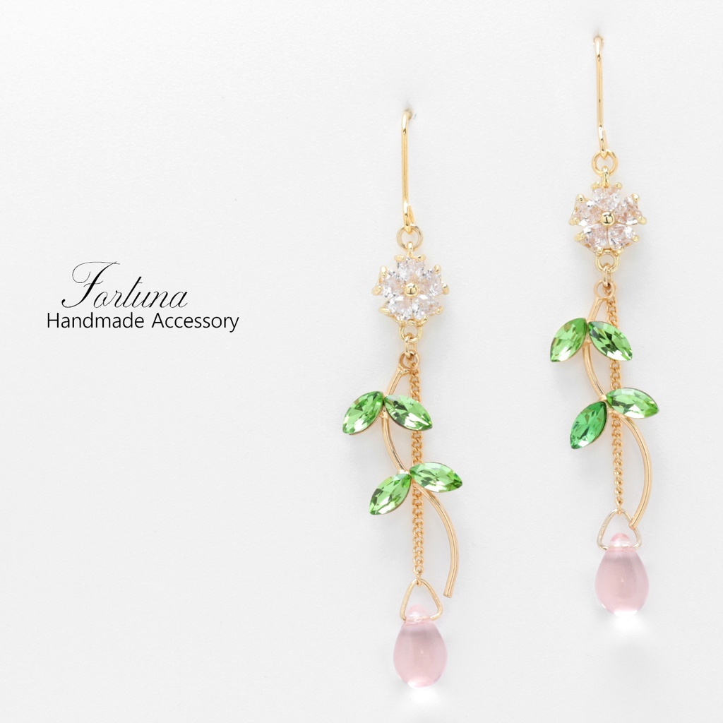Crystal Flower & Pink Drop(1276) ピアス/イヤリング/ノンホールピアス/樹脂ピアス