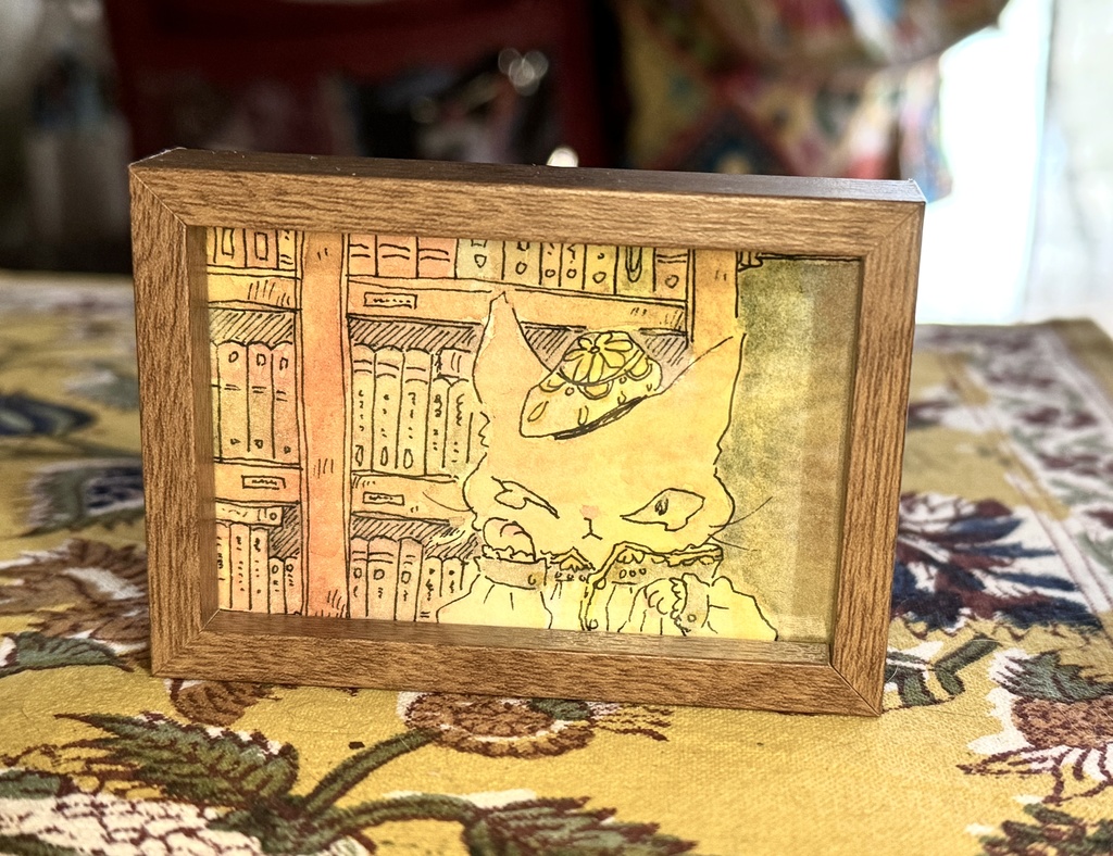 ミニ原画「本棚の陰で泣くねこ」