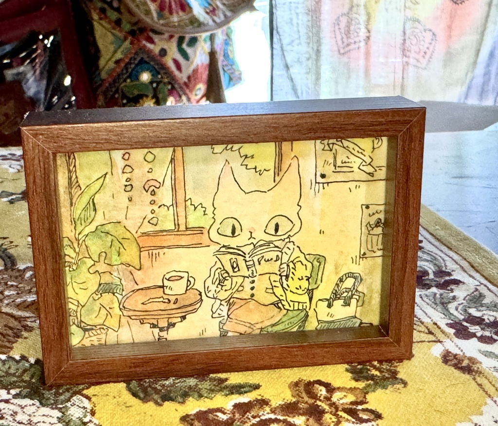 ミニ原画「カフェでくつろぐねこ」