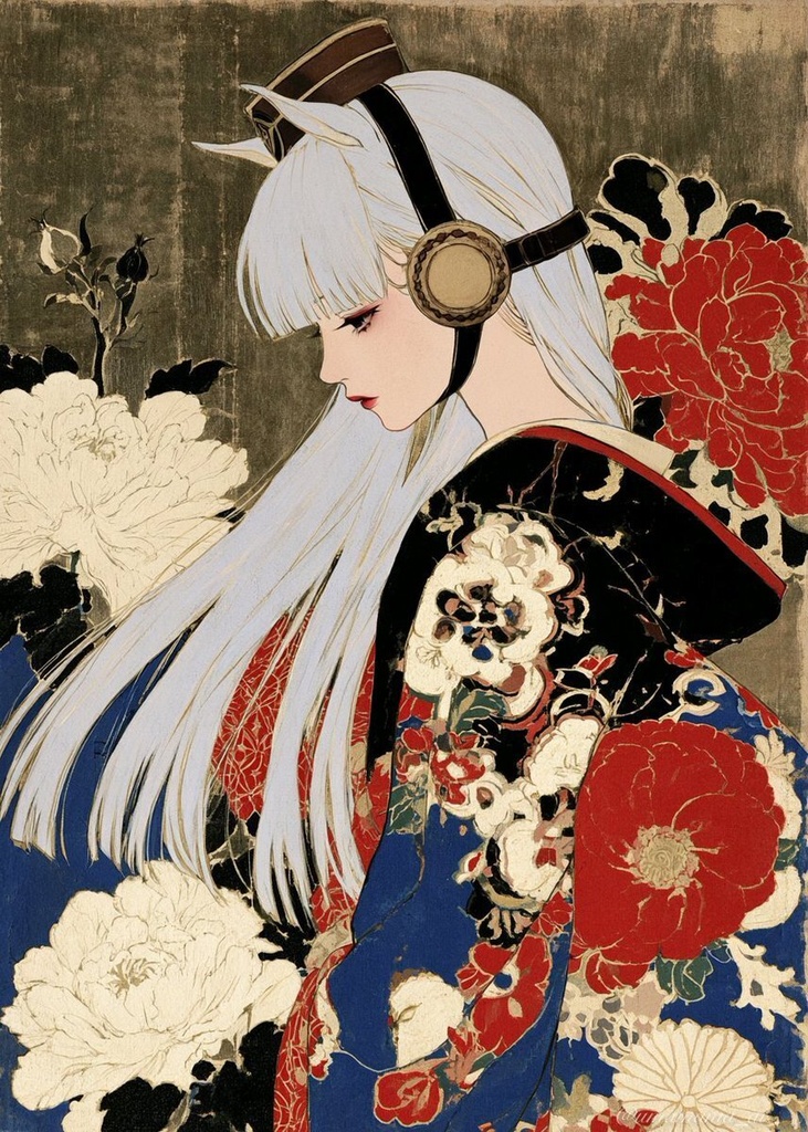『牡丹と美人』A4額縁入りAIアートプリント