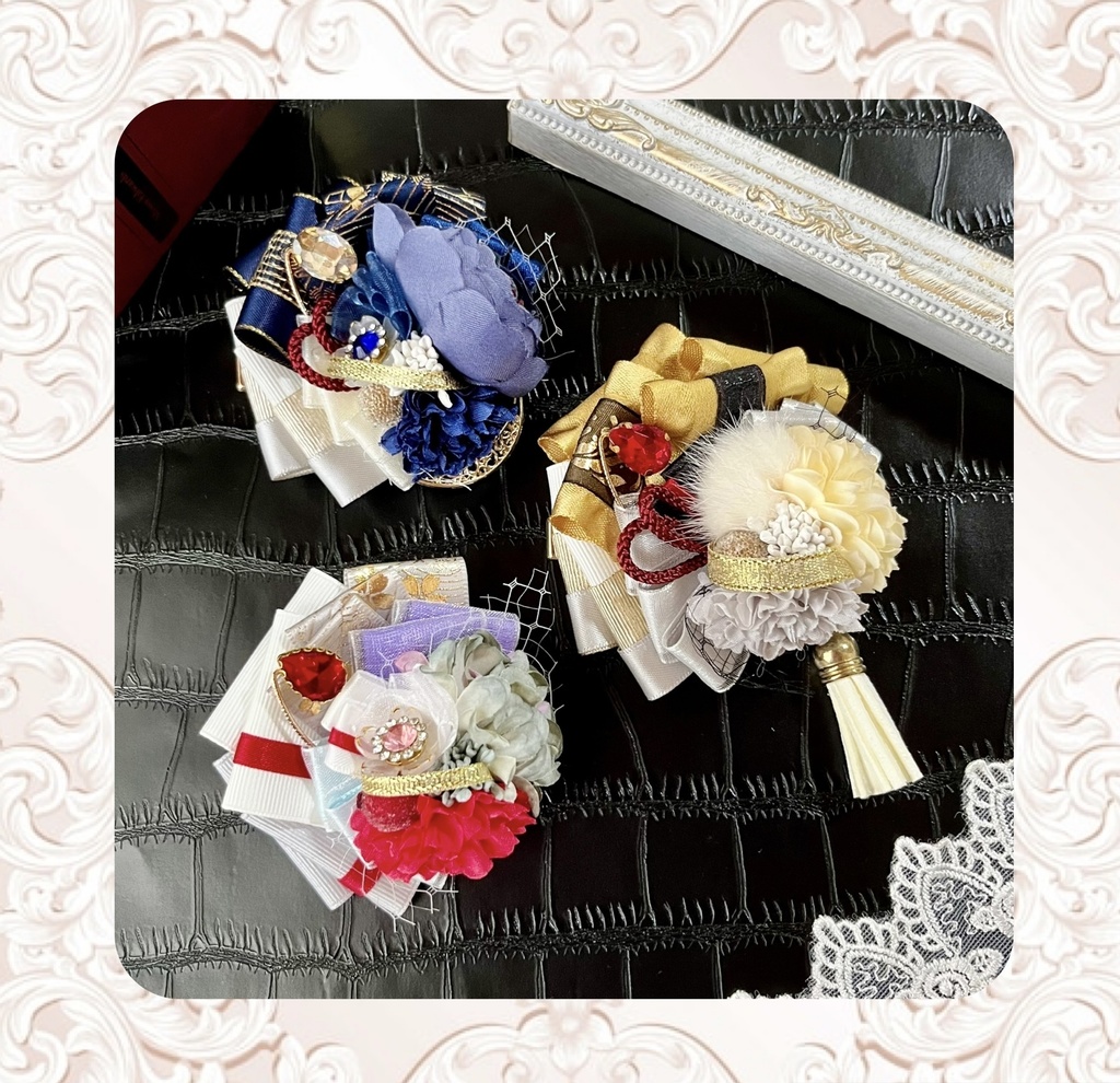 刀剣乱舞　リボンとお花のヘアクリップ　三条　三日月宗近/小狐丸/今剣