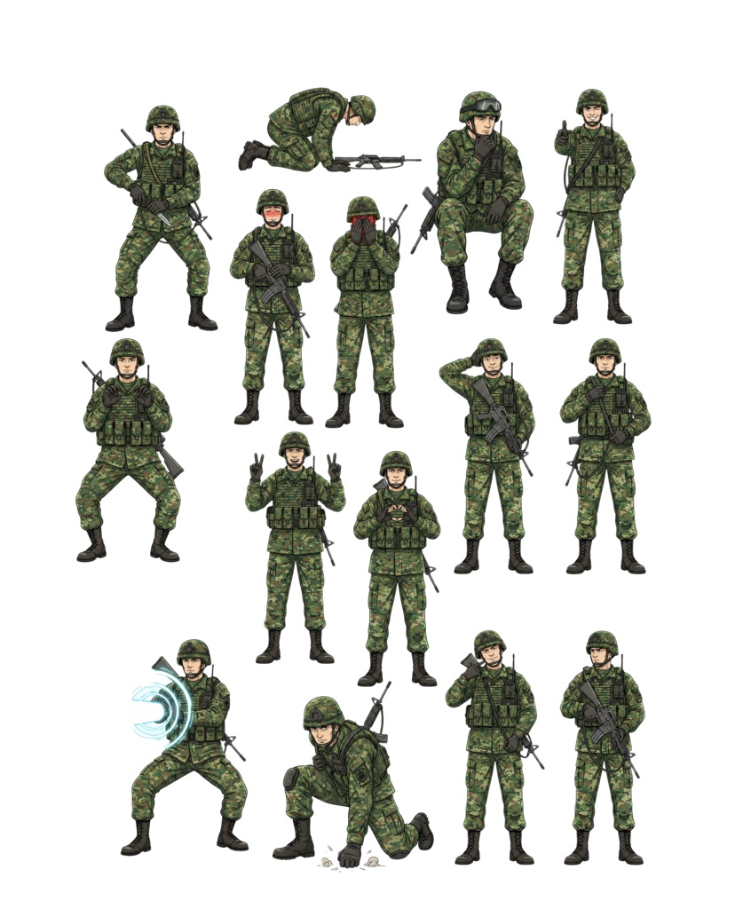 【全88種】自衛隊員風キャラクター立ち絵・ポーズ素材集【1024×1024/背景透過PNG】