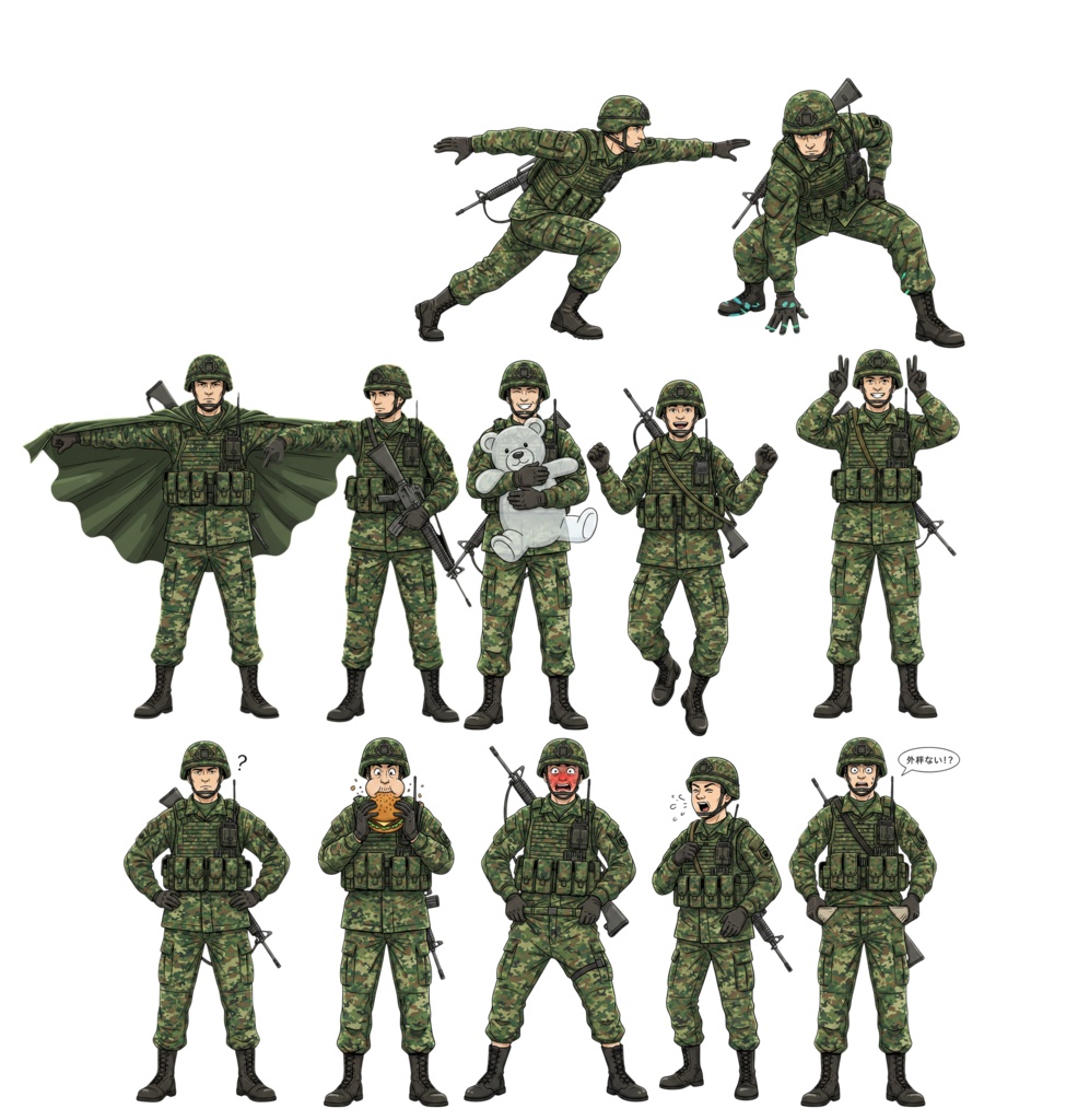 【全88種】自衛隊員風キャラクター立ち絵・ポーズ素材集【1024×1024/背景透過PNG】