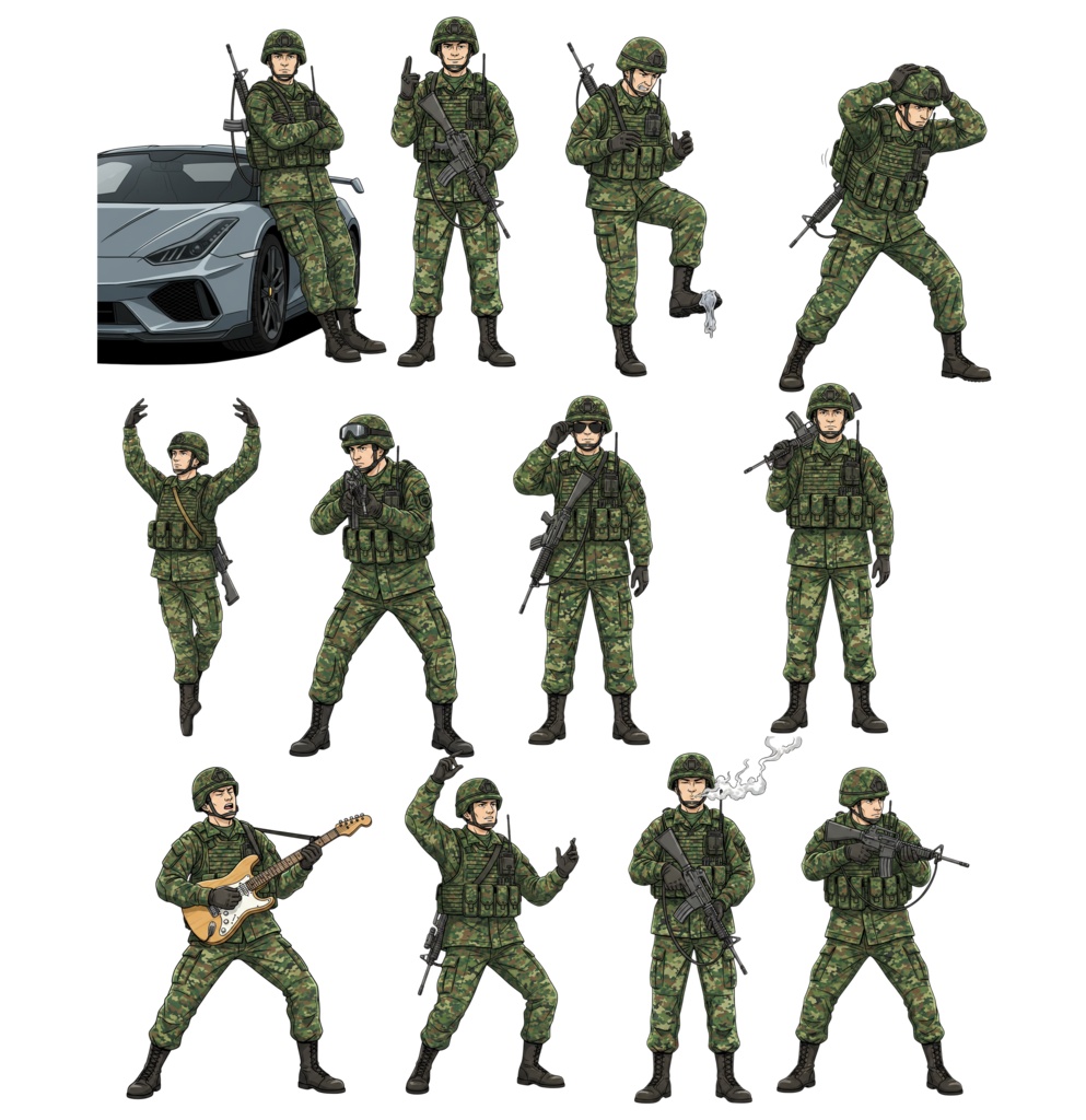 【全88種】自衛隊員風キャラクター立ち絵・ポーズ素材集【1024×1024/背景透過PNG】