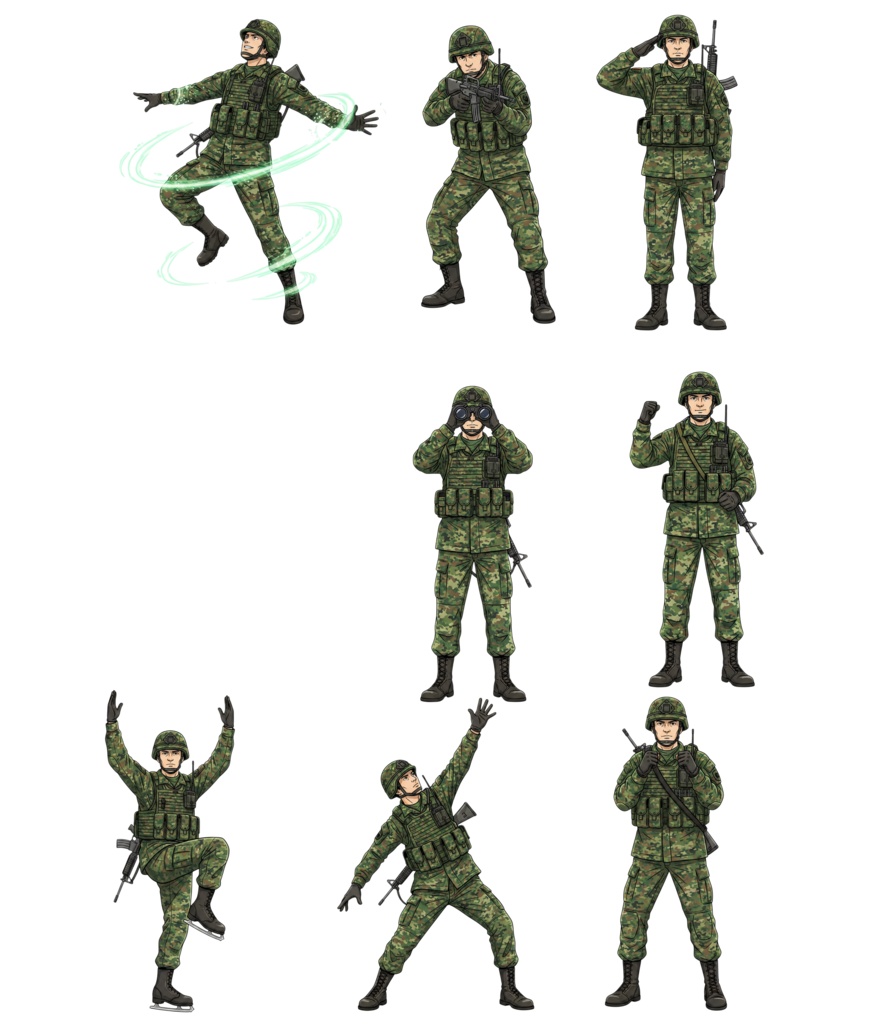 【全88種】自衛隊員風キャラクター立ち絵・ポーズ素材集【1024×1024/背景透過PNG】