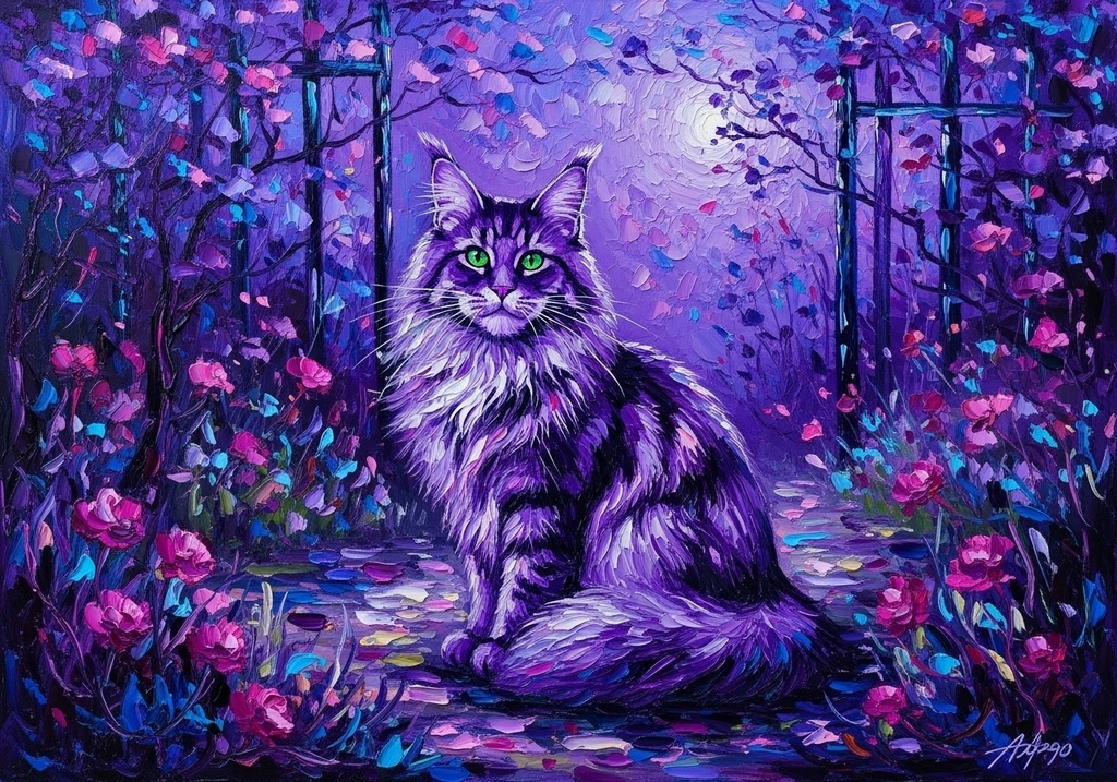 月夜の花園とメインクーン