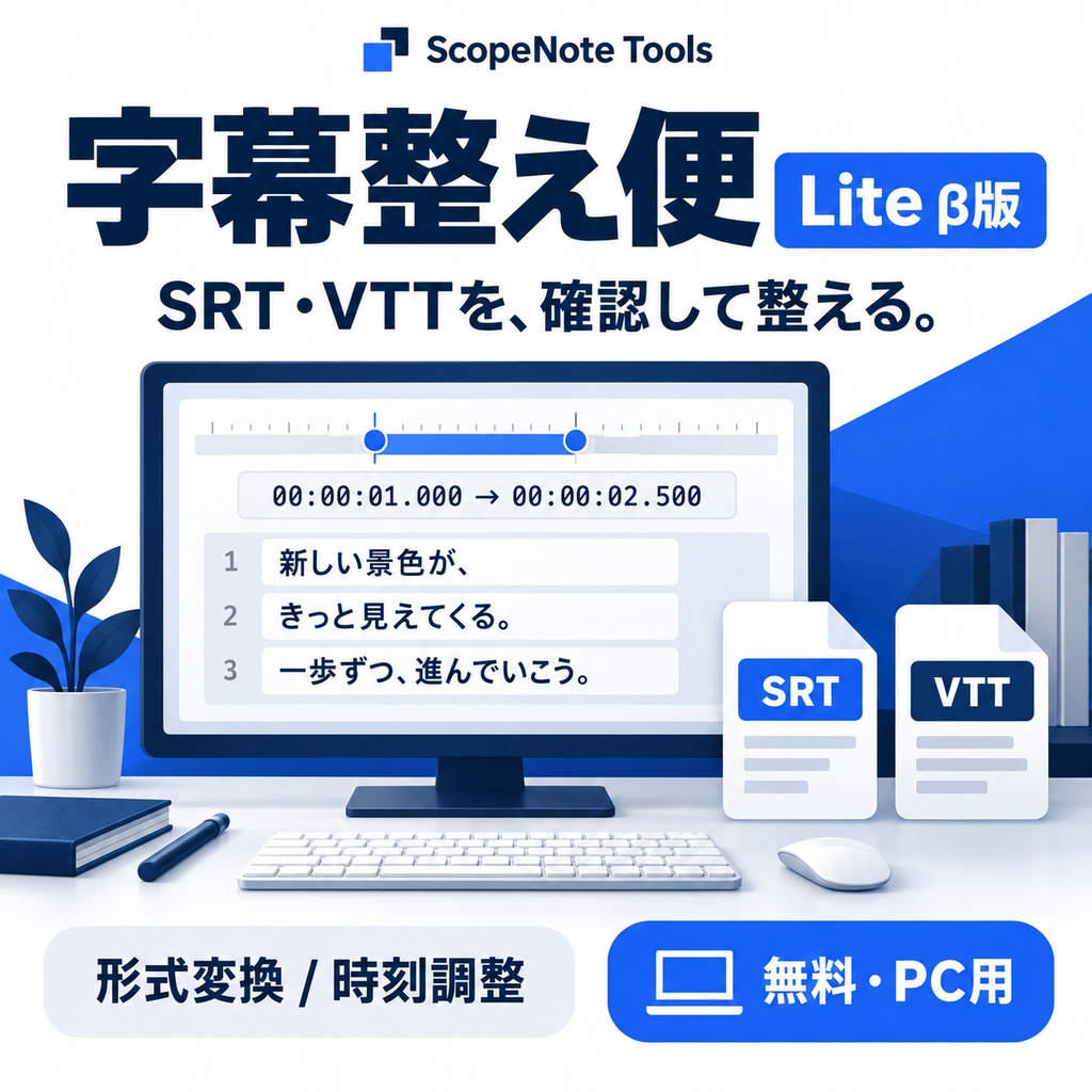 【無料】字幕整え便 Lite β版|SRT・VTTの確認・形式変換・時刻調整