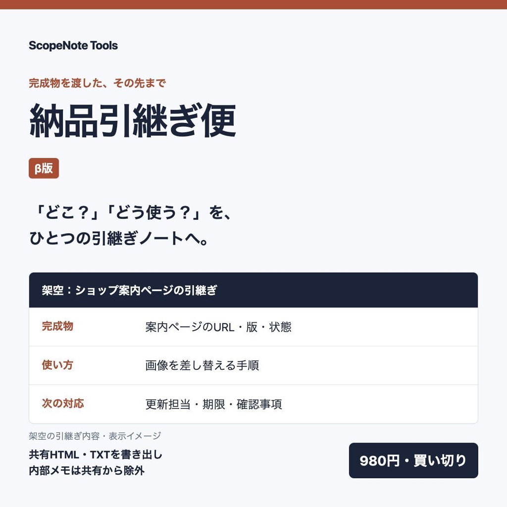 納品引継ぎ便 β版｜完成物のURL・使い方・次の対応を1つのHTMLへ