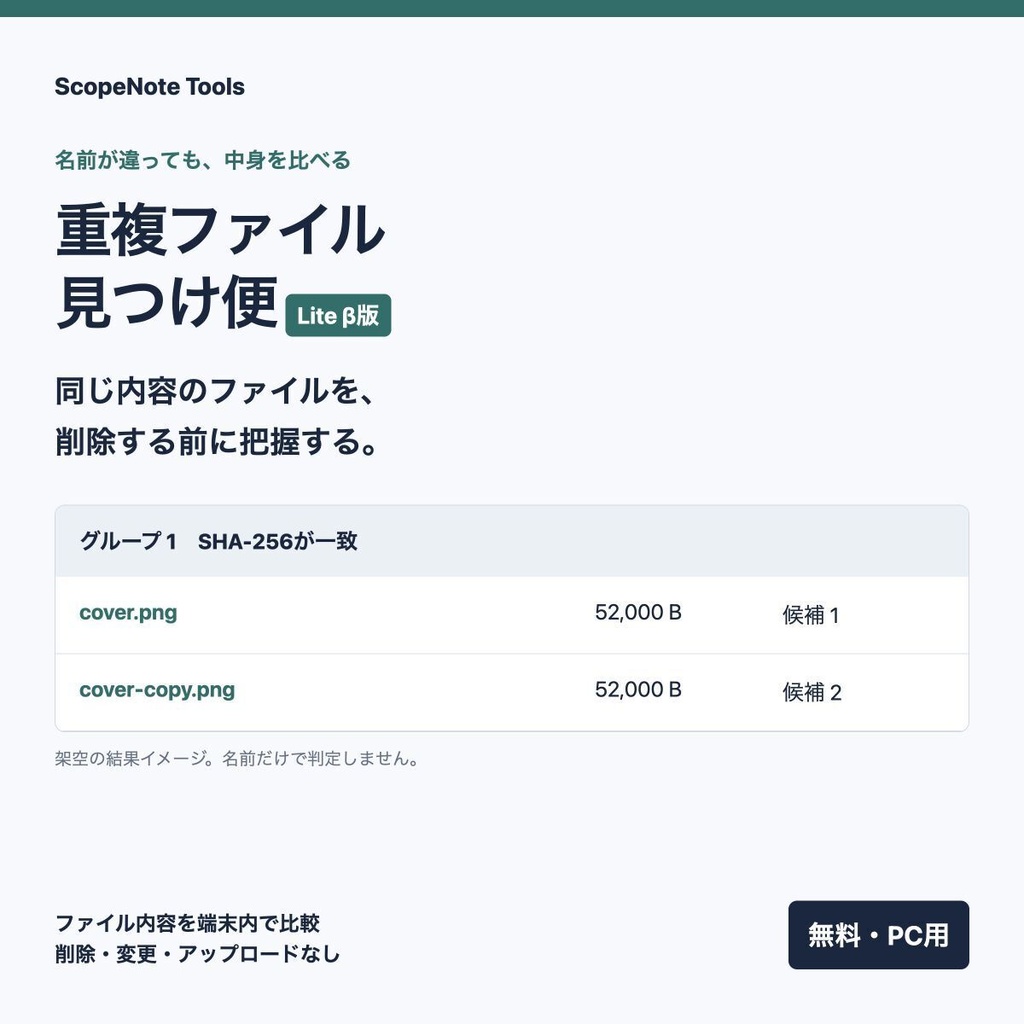 重複ファイル見つけ便 Lite β版|中身が同じファイルをSHA-256で確認