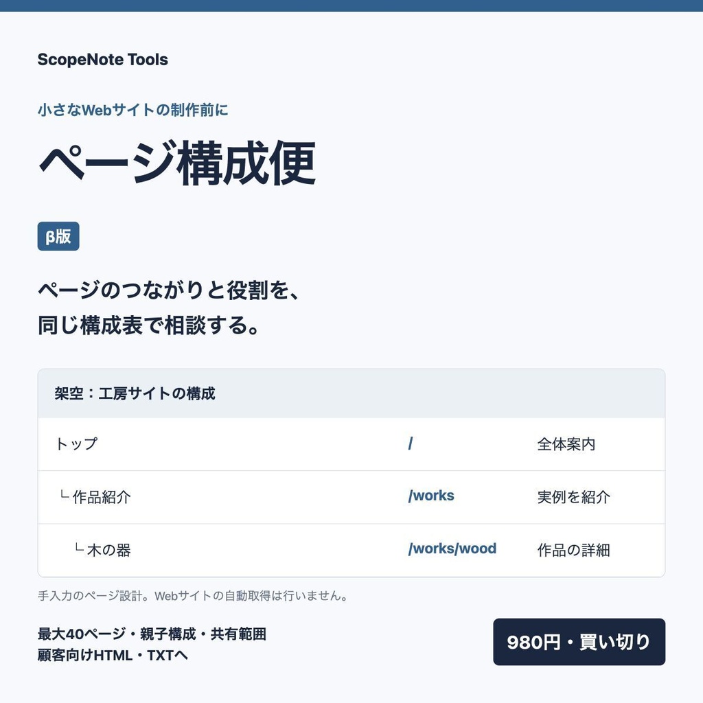 ページ構成便 β版|サイトの親子構成と各ページの役割を、顧客向けHTMLへ