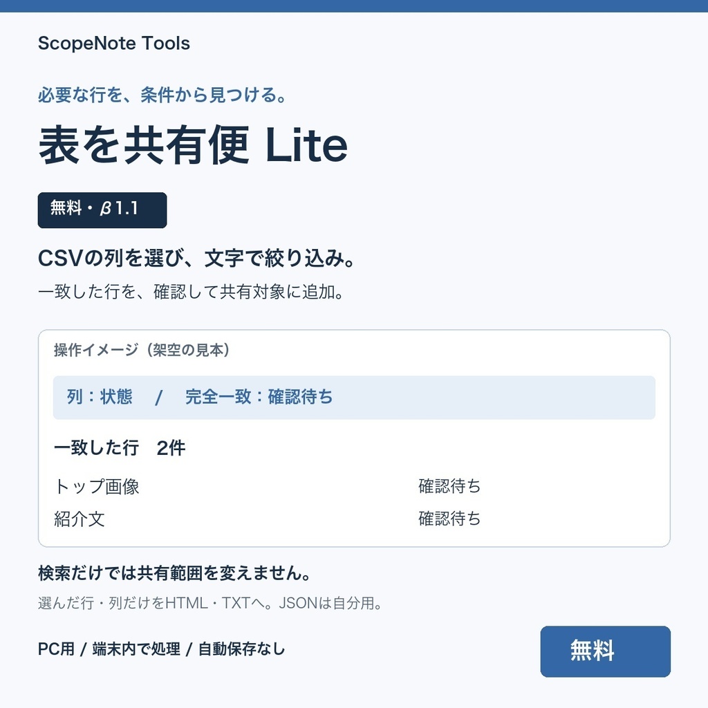 【無料】表を共有便 Lite β版 1.1｜CSVの渡す行・列を選んで共有レポートへ
