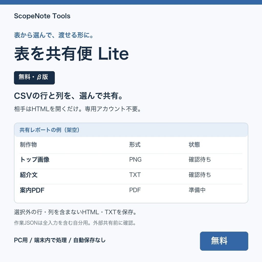 【無料】表を共有便 Lite β版 1.1|CSVの渡す行・列を選んで共有レポートへ