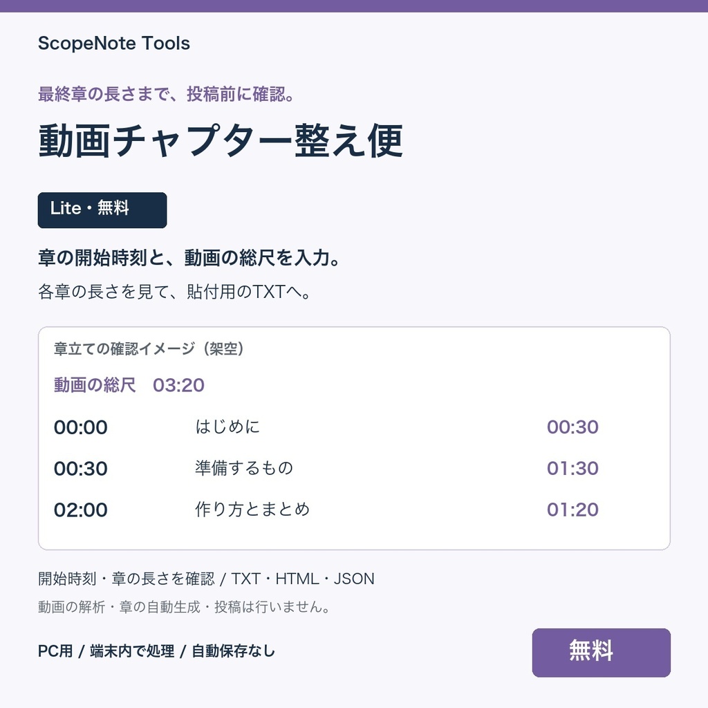 【無料】動画チャプター整え便 Lite β版 1.1|章の開始時刻と長さを確認し、貼付用TXTへ