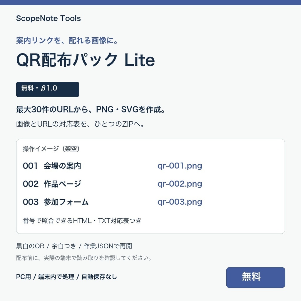 【無料】QR配布パック Lite β版 1.1|似た項目を複製して、QR画像と対応表へ