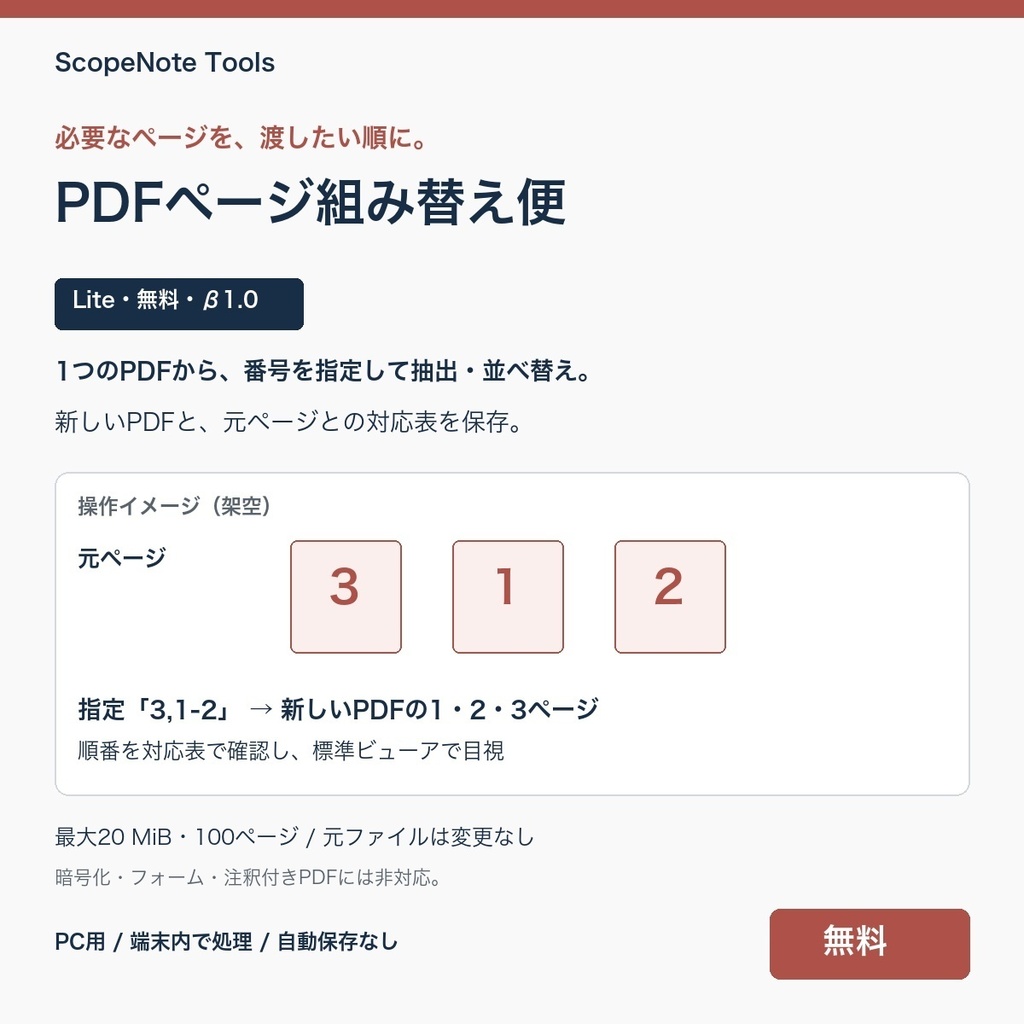 【無料】PDFページ組み替え便 Lite β版|必要なページを選び、渡す順に新しいPDFへ