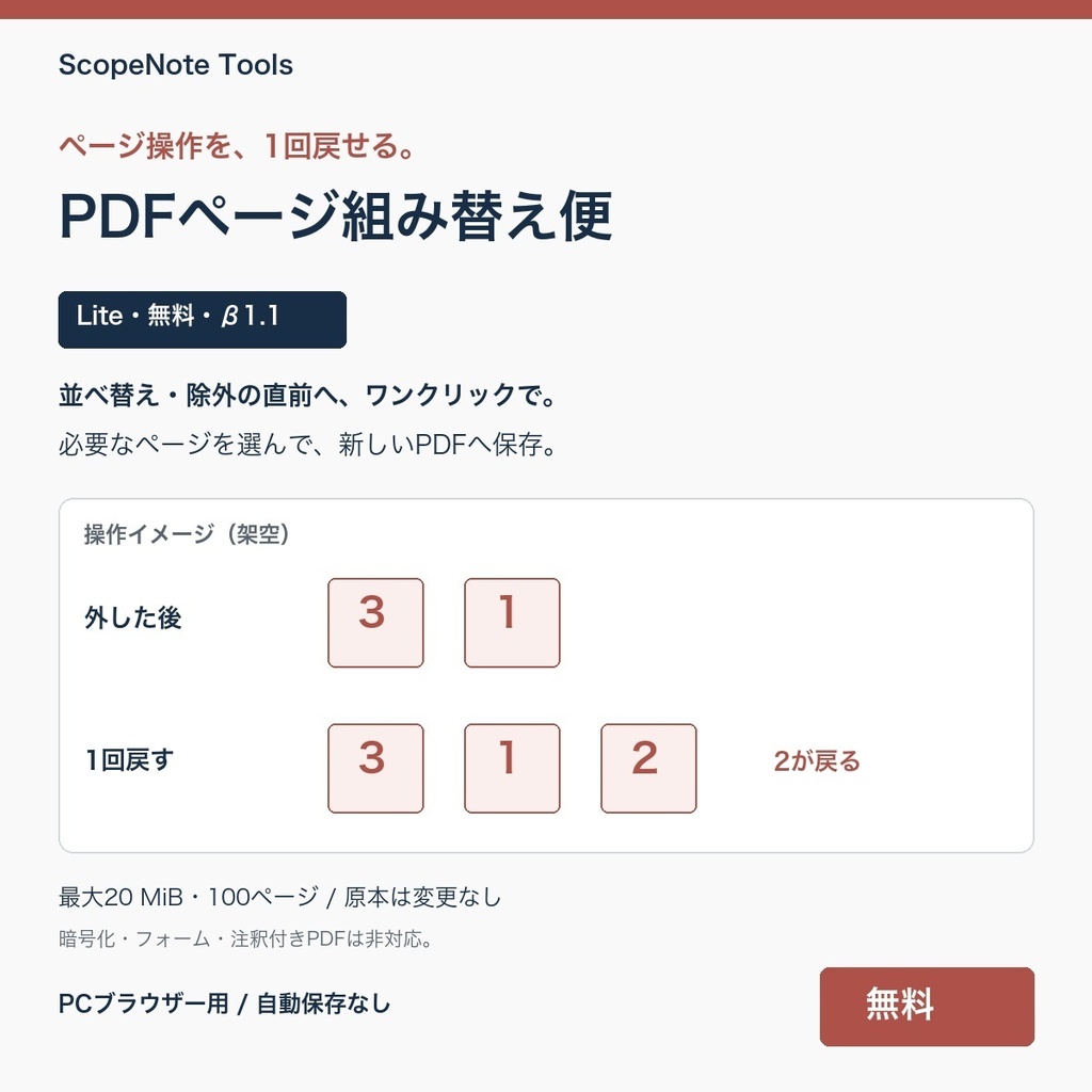 【無料】PDFページ組み替え便 Lite β版 1.1｜ページ操作を1回戻して、渡す順に