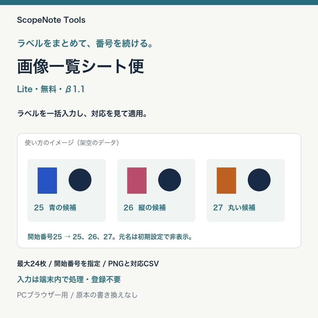 【無料】画像一覧シート便 Lite β1.1|候補を並べて、番号で伝える