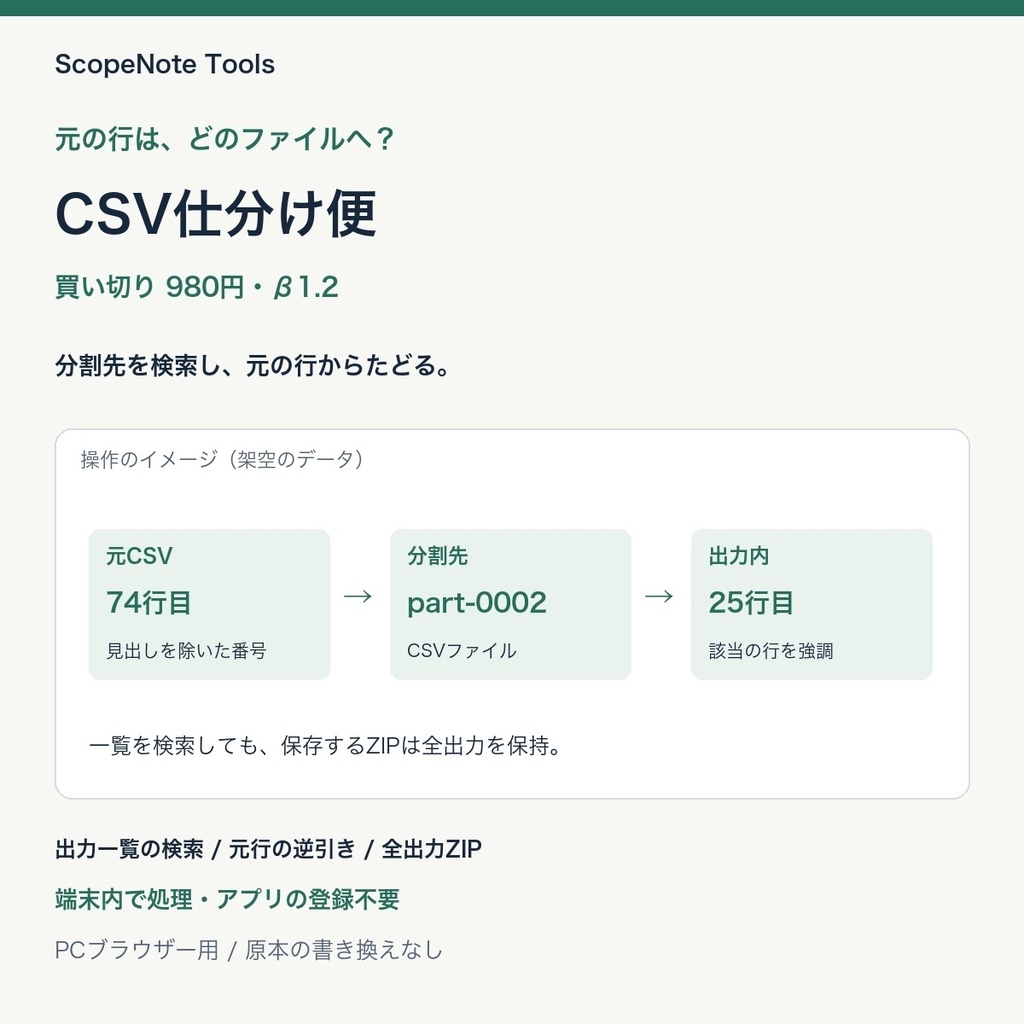 CSV仕分け便 β1.2|CSVを分けて、元の行から出力先を確認