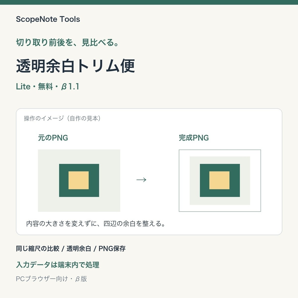 【無料】透明余白トリム便 Lite β1.1｜透明な余白を整え、元画像と見比べる