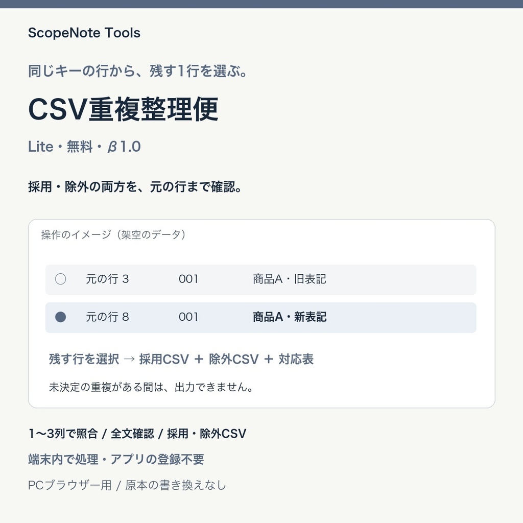 【無料】CSV重複整理便 Lite β1.0|残す1行を選び、採用・除外CSVと対応表へ
