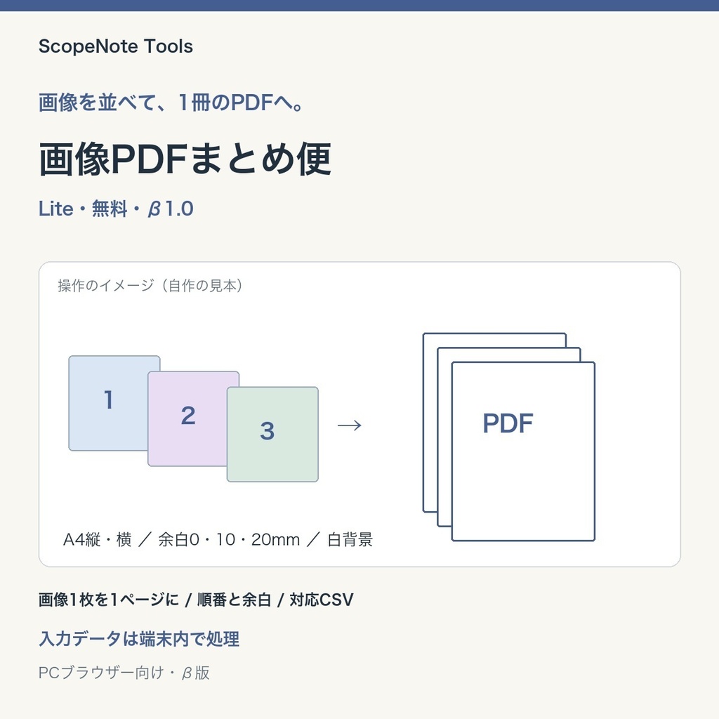 【無料】画像PDFまとめ便 Lite β1.0｜画像を1枚ずつ、1冊のPDFへ