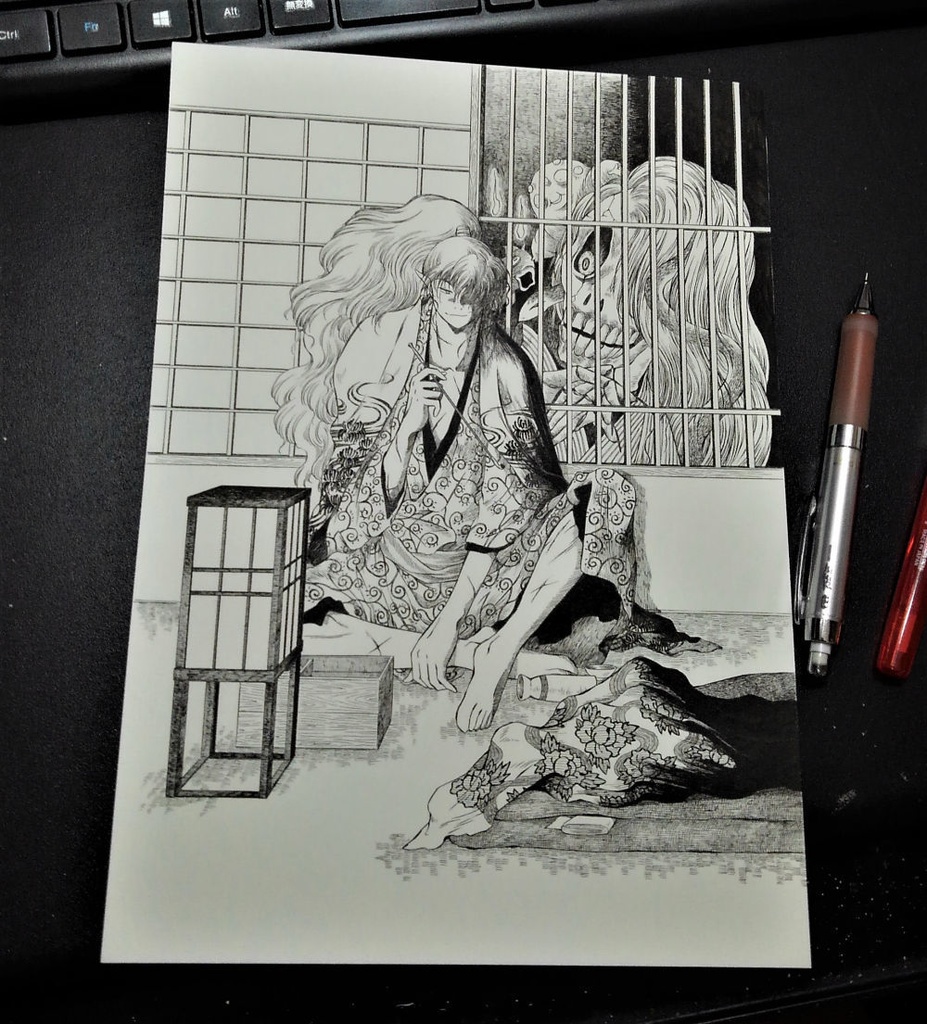 【ペン画イラスト原画】「覗き見」【A4】