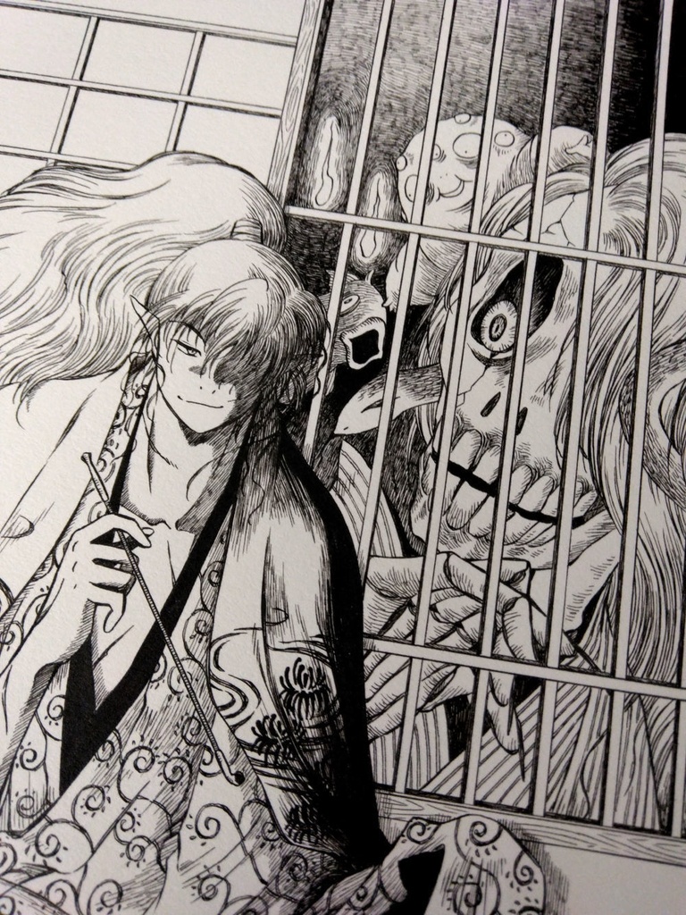 【ペン画イラスト原画】「覗き見」【A4】