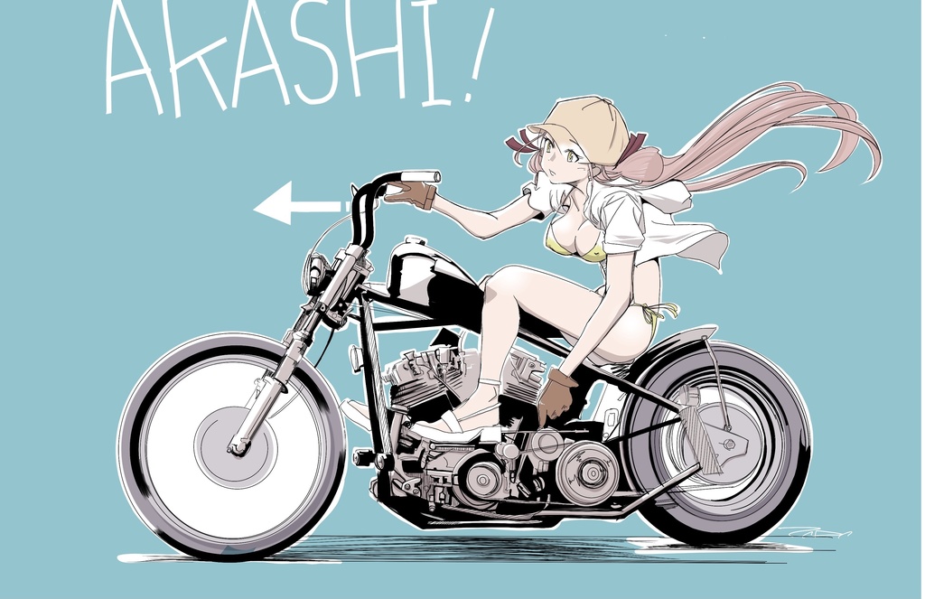 明石さん水着でクラッシックバイク。