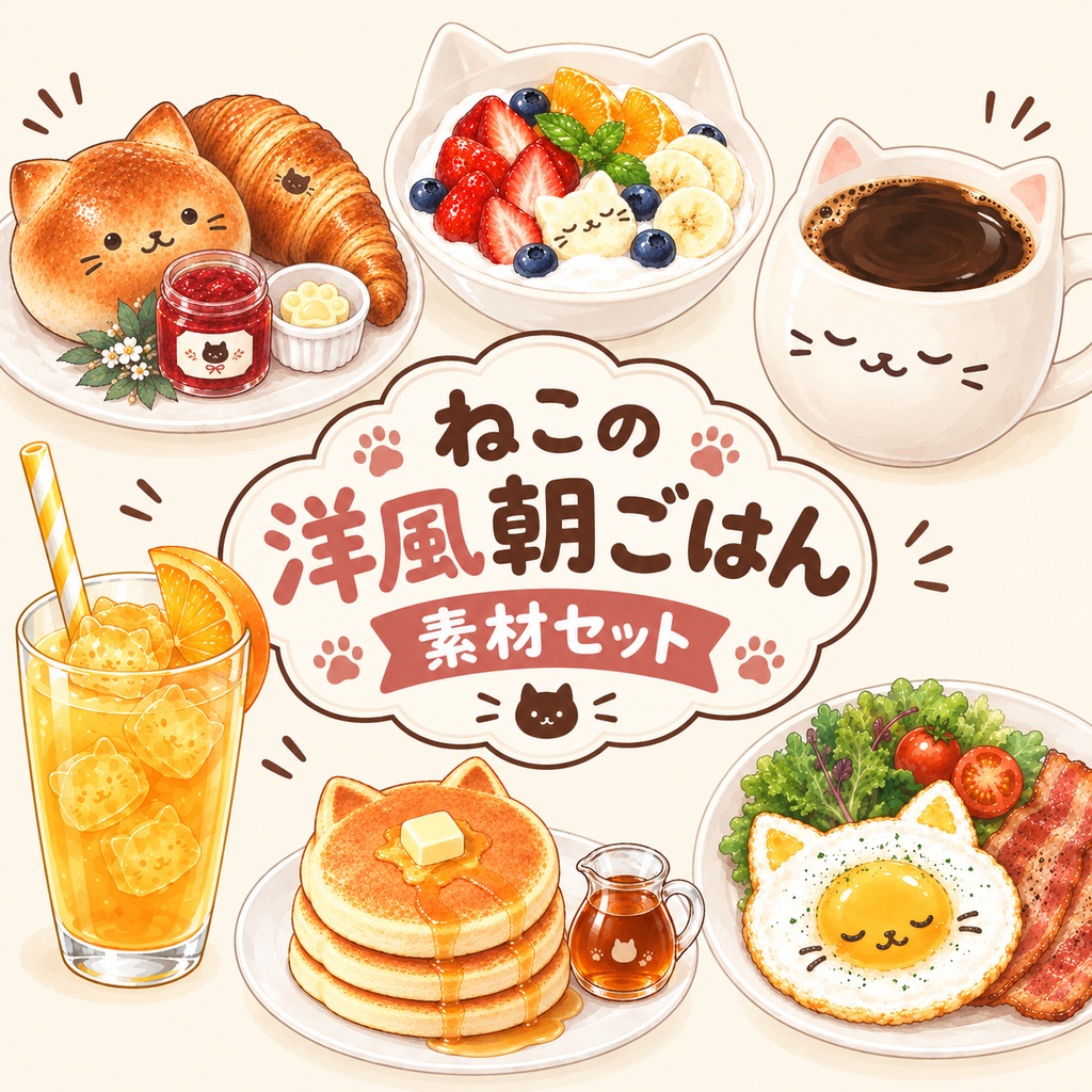 ねこの洋風朝ごはん｜素材セット