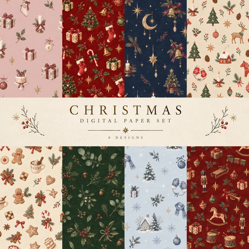 クリスマス シームレスデジタルペーパー | 背景画像 8枚セット