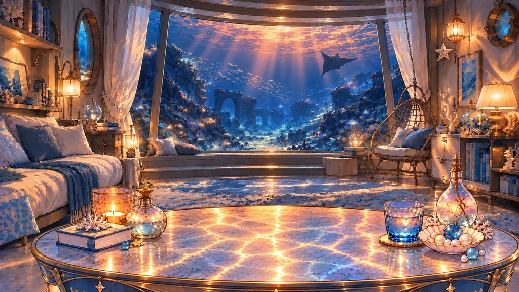 【VTuber・配信用背景】AQUA ROOM|蒼海の隠れ家【朝・夕・夜3種/前景テーブル透過PNG付き】
