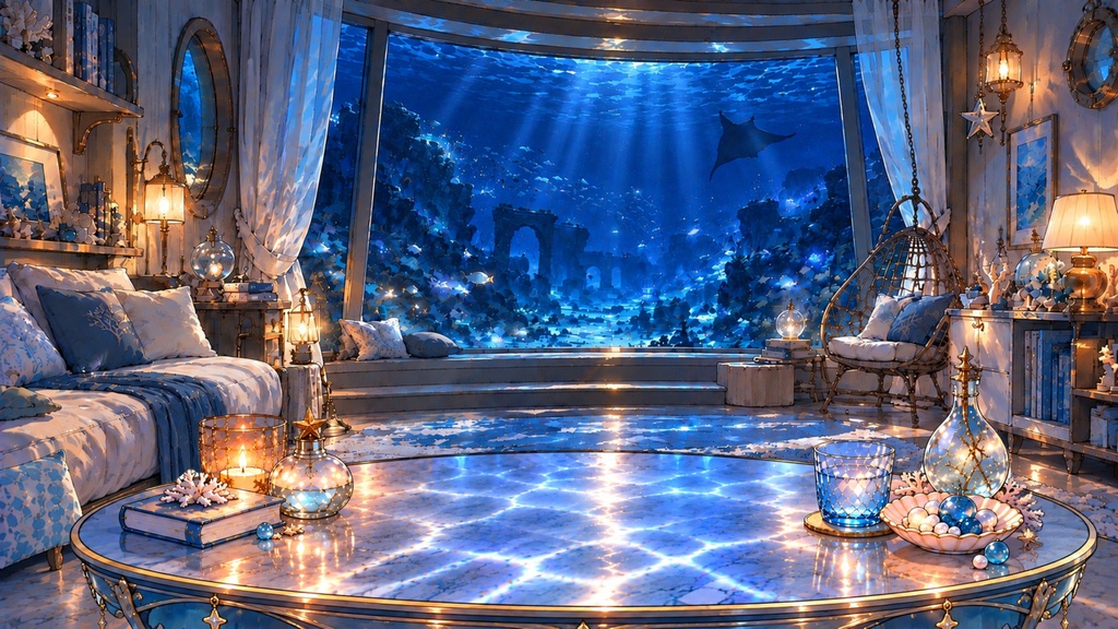【VTuber・配信用背景】AQUA ROOM|蒼海の隠れ家【朝・夕・夜3種/前景テーブル透過PNG付き】