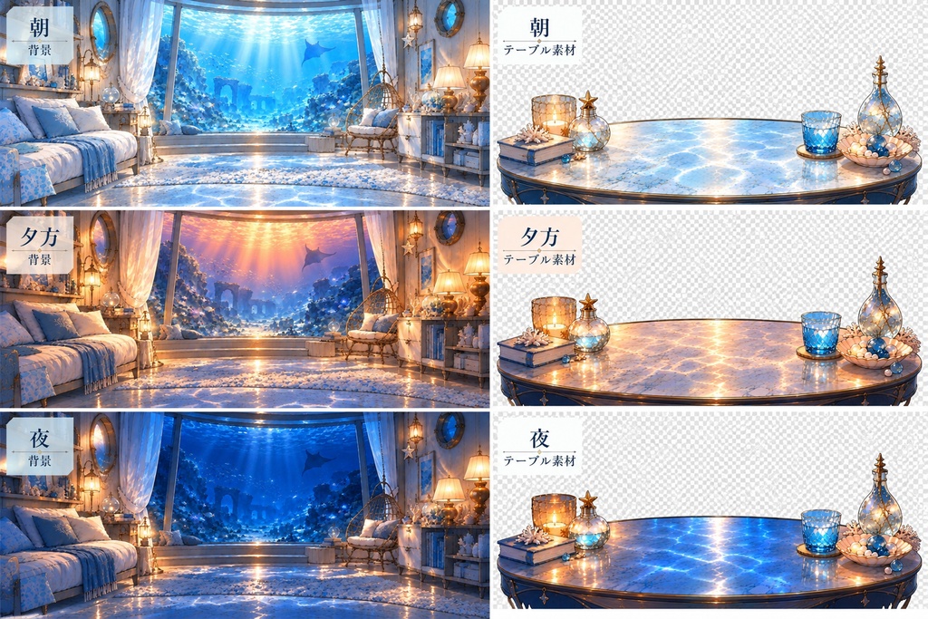 【VTuber・配信用背景】AQUA ROOM|蒼海の隠れ家【朝・夕・夜3種/前景テーブル透過PNG付き】