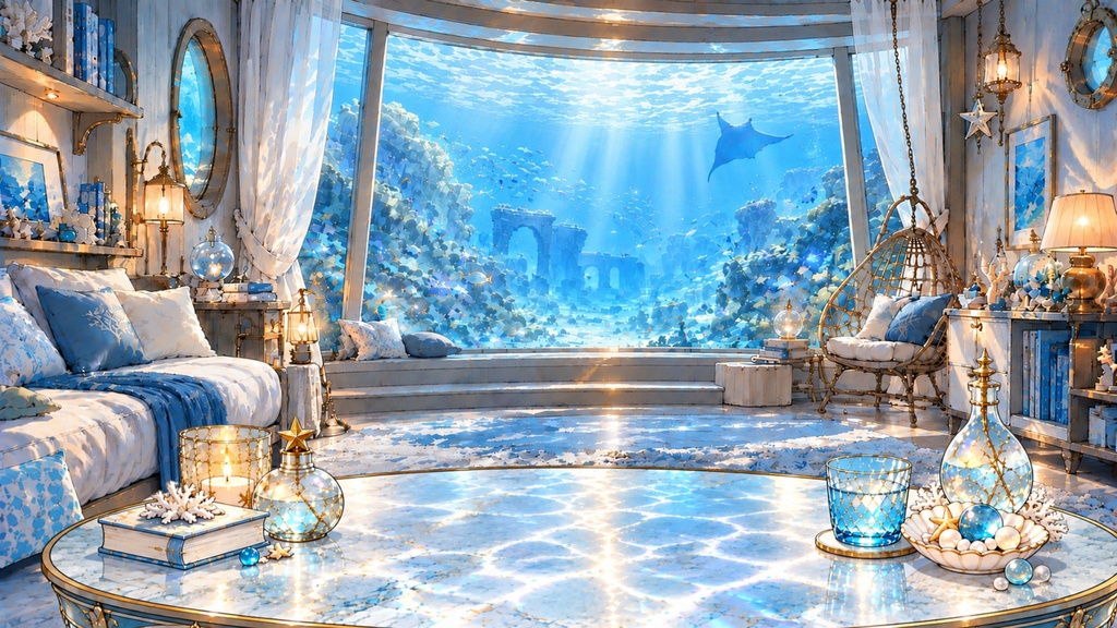 【VTuber・配信用背景】AQUA ROOM|蒼海の隠れ家【朝・夕・夜3種/前景テーブル透過PNG付き】