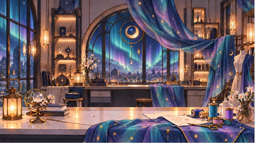 【配信・TRPG背景】空色を紡ぐ仕立て屋|幻想アトリエ・前景PNG付き