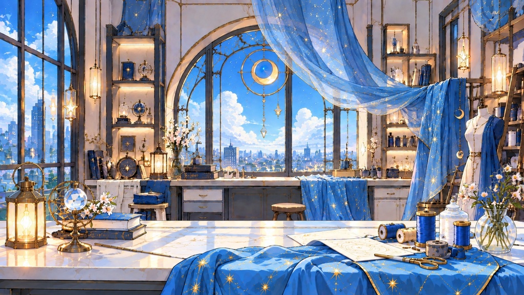 【配信・TRPG背景】空色を紡ぐ仕立て屋|幻想アトリエ・前景PNG付き