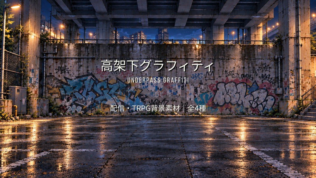 【配信・TRPG背景素材】高架下グラフィティ|昼・夕・夜・雨夜 全4種