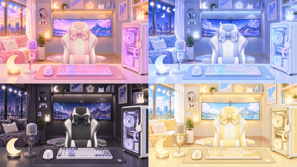 【動く配信背景・全4色】空を映すPCルーム|VTuber・配信素材|シームレスループ対応・前景PNG付き