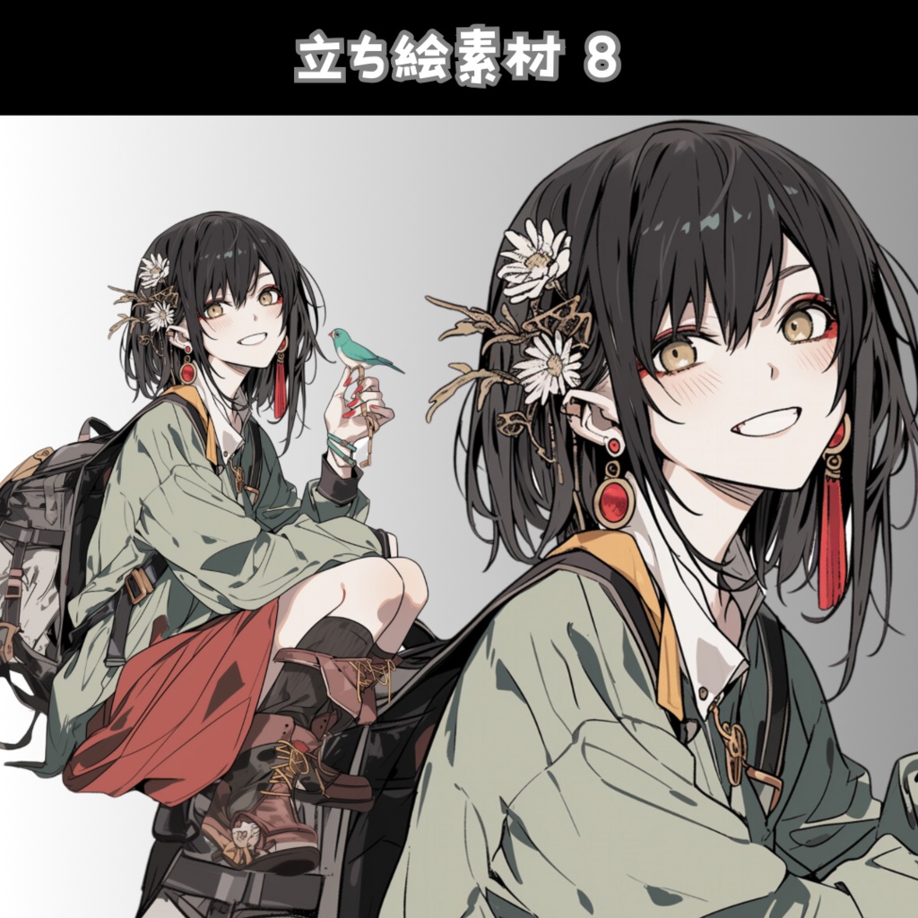 立ち絵素材9 私服 座り姿 黒髪 女の子