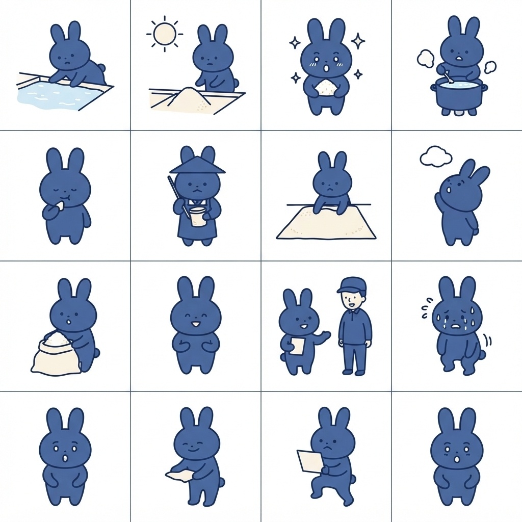 【透過PNG】塩田と塩作りうさぎイラストパック（Web・SNS素材用）
