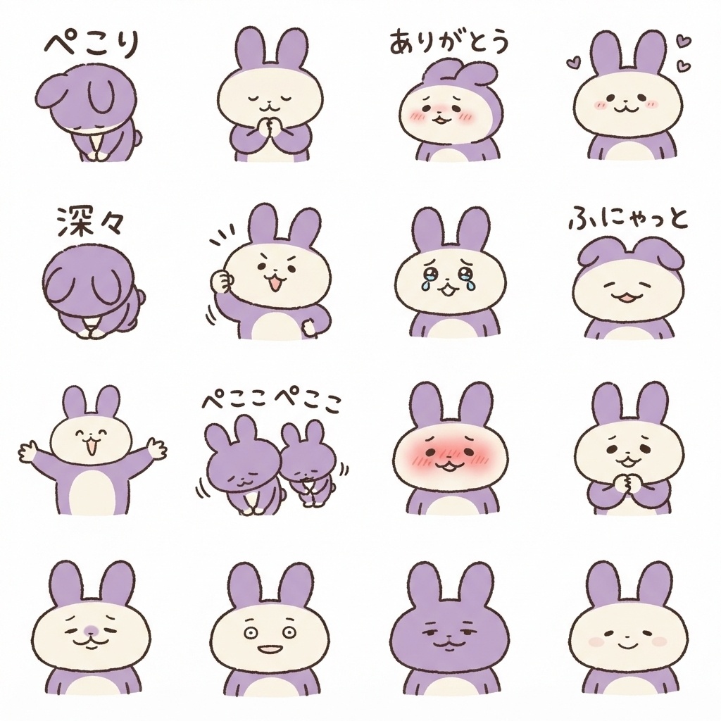 もふもふうさぎの感謝・お礼リアクション素材（16種）