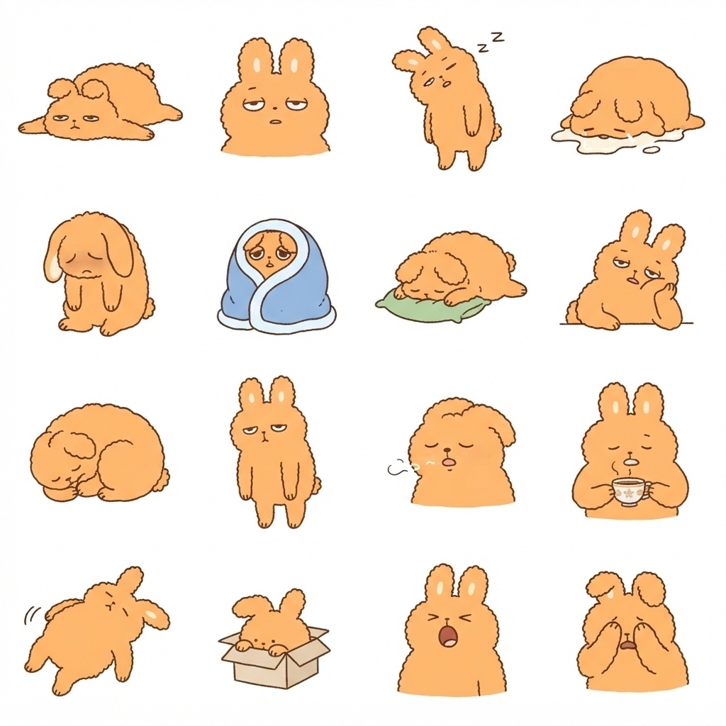 もふもふうさぎの脱力日常ポーズ 絵文字・イラスト素材（16種グリッド）