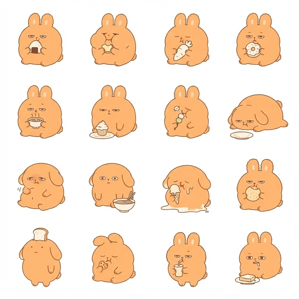 まんまるもふもふうさぎのモグモグ日常ポーズ 絵文字・イラスト素材（16種グリッド）